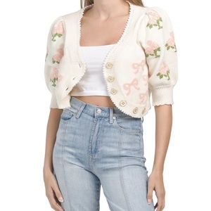 LoveShackFancy Malibu Crop Cardigan in Strawberry Shortcake MSRP $325 Size L